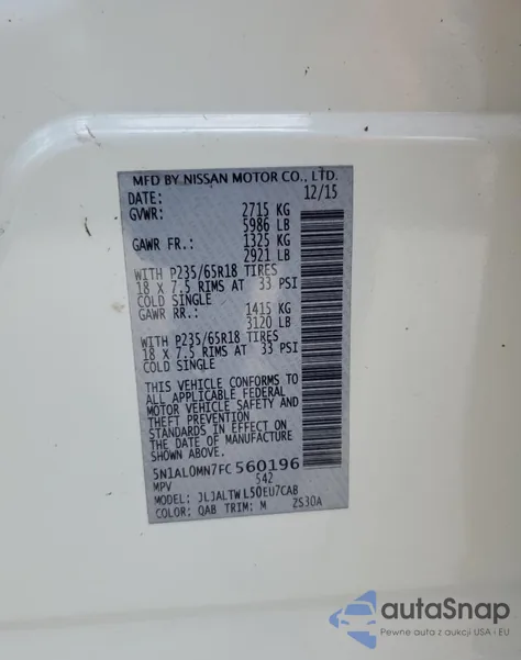 2015 Infiniti Qx60 z USA, uszkodzony, nr VIN 5N1AL0MN7FC560196